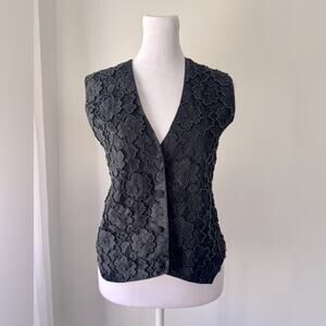Vintage ‘90s Effeci Black Lace Floral Print Beaded V-Neck Button Down Vest